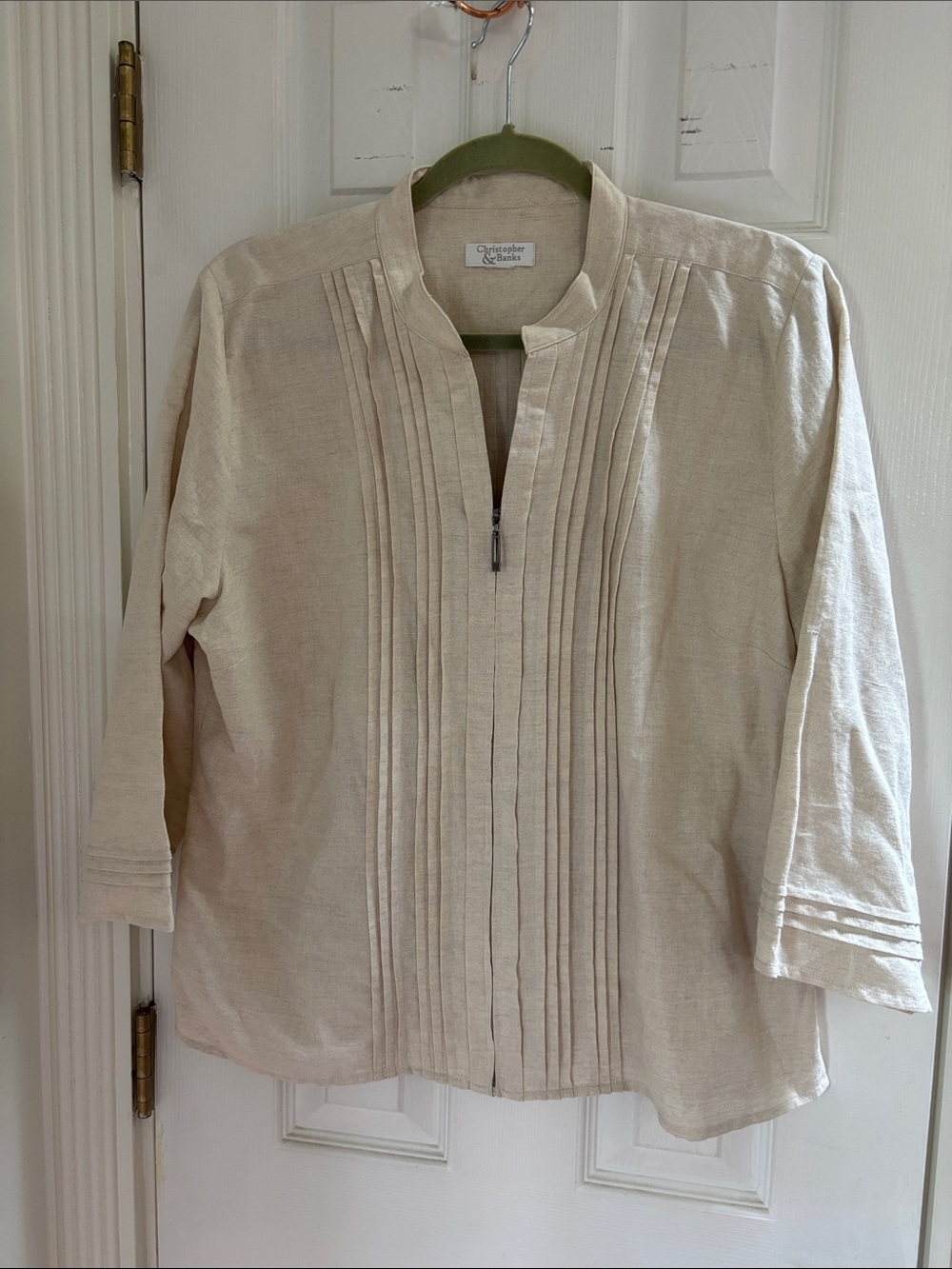 Christopher & Banks Cream Pleated Zip-Front Linen Blend Jacket